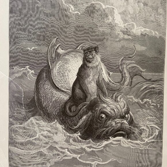Gustave Dore,  Woodcut Engraving, Antique Print, The Monkey and the Dolphin - Picture 2 of 5